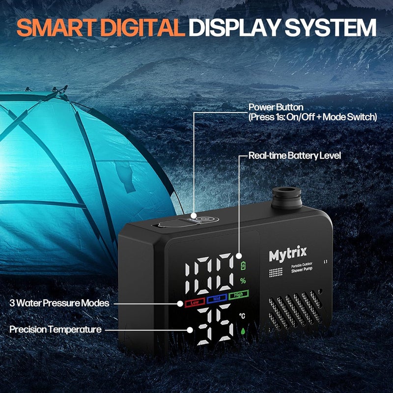 Mytrix Portable Camping Shower Pump with Foldable Bucket, 10L/Min High Flow, 7800mAh Rechargeable Battery, 4 Spray Modes, IPX8 Waterproof Outdoor Shower for Hiking, Travel & Pets - Image 4
